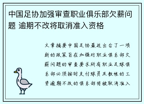 中国足协加强审查职业俱乐部欠薪问题 逾期不改将取消准入资格 中国足协加强审查职业俱乐部欠薪问题 逾期不改将取消准入资格